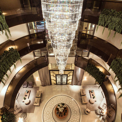 Long hotel lobby crystal chandelier