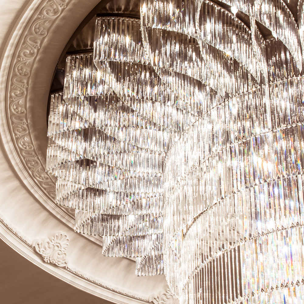 Long hotel lobby crystal chandelier