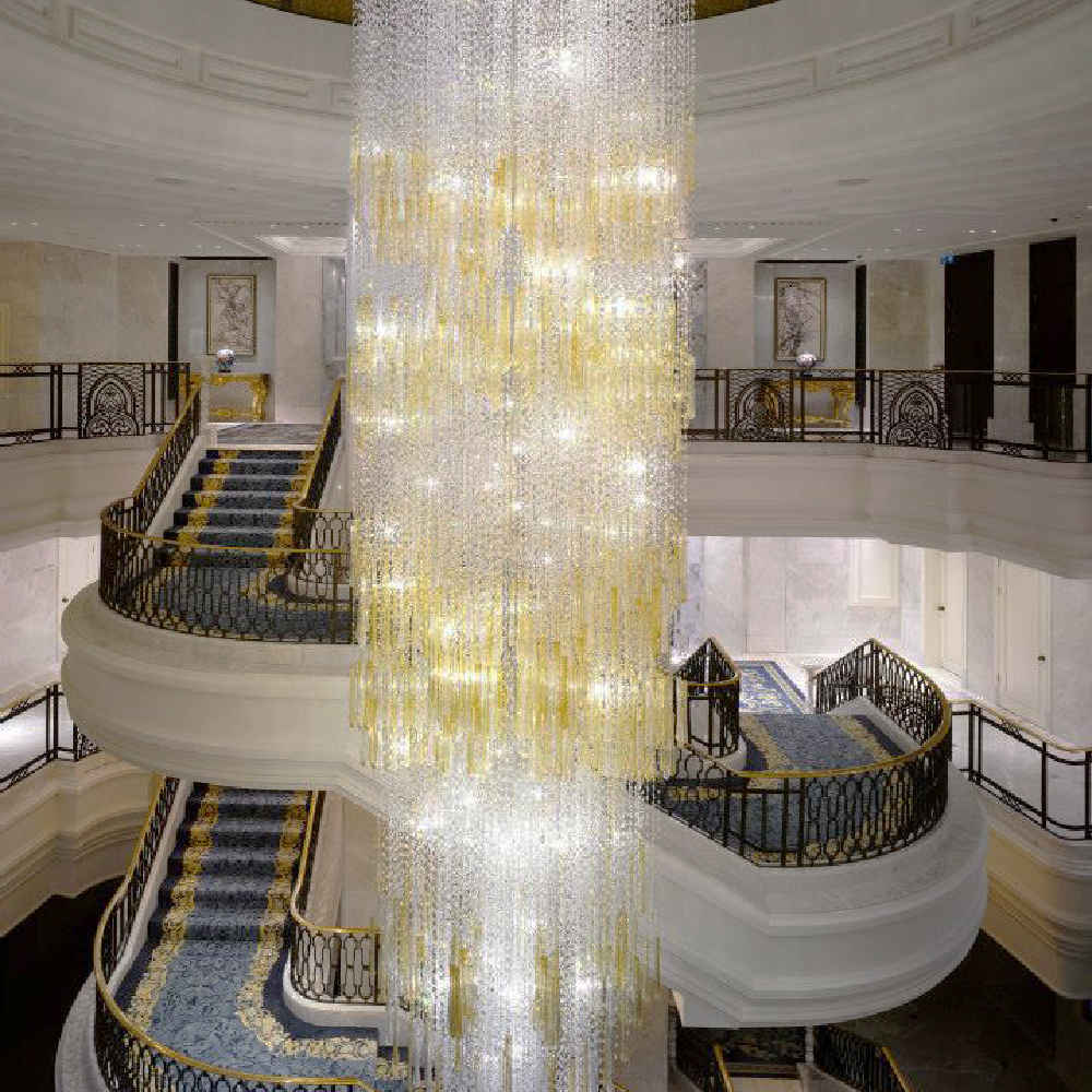 Long spiral crystal chandelier for hotel lobby
