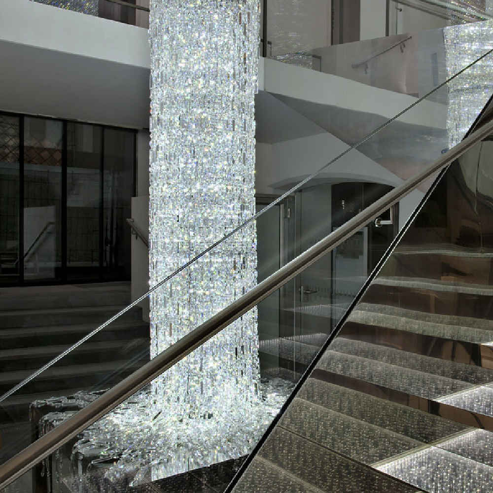 Long staircase crystal chandelier
