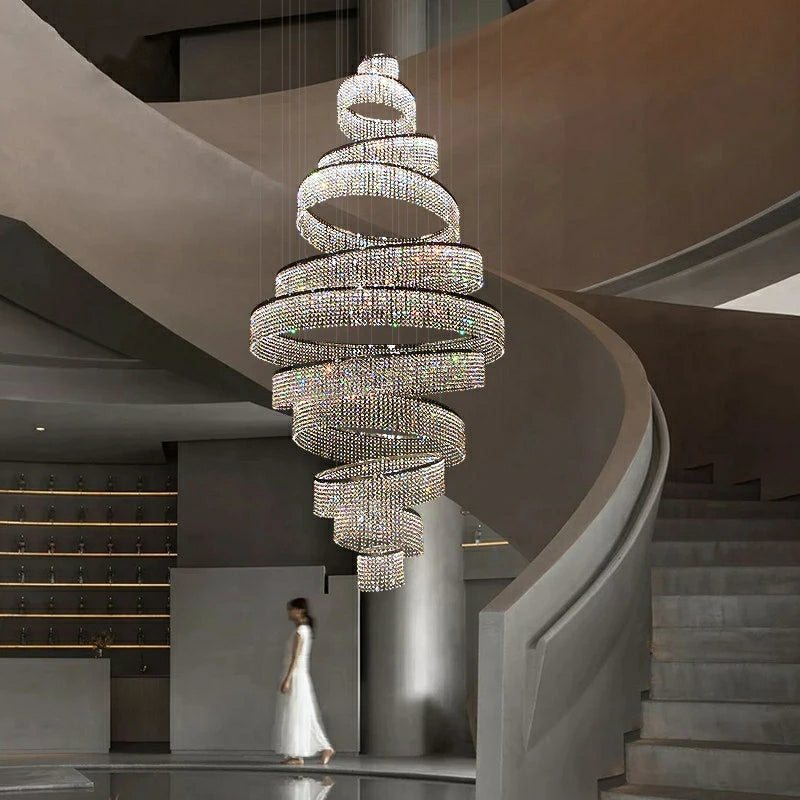 Long Crystal Tassel Rings Chandelier Extra Large Living Room Staircase High Ceiling Lighting Fixture - Richardrider