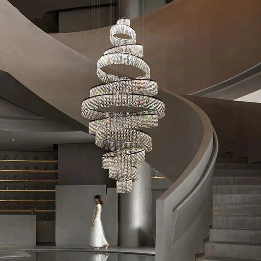Long Crystal Tassel Rings Chandelier Extra Large Living Room Staircase High Ceiling Lighting Fixture - Richardrider