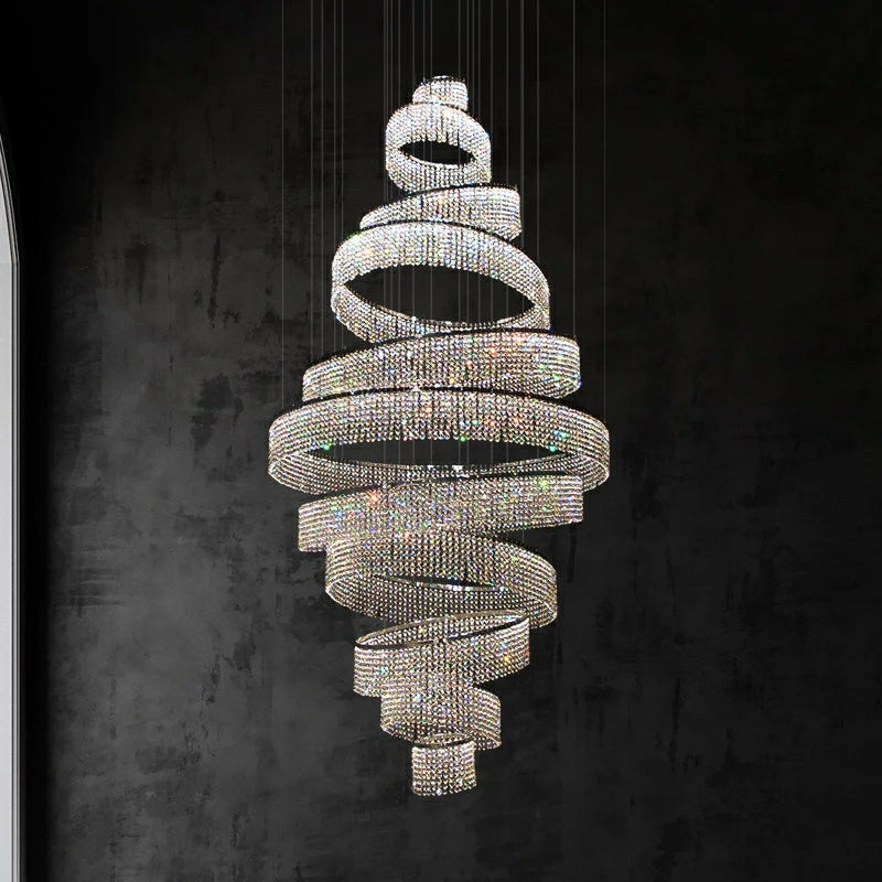 Long Crystal Tassel Rings Chandelier Extra Large Living Room Staircase High Ceiling Lighting Fixture - Richardrider