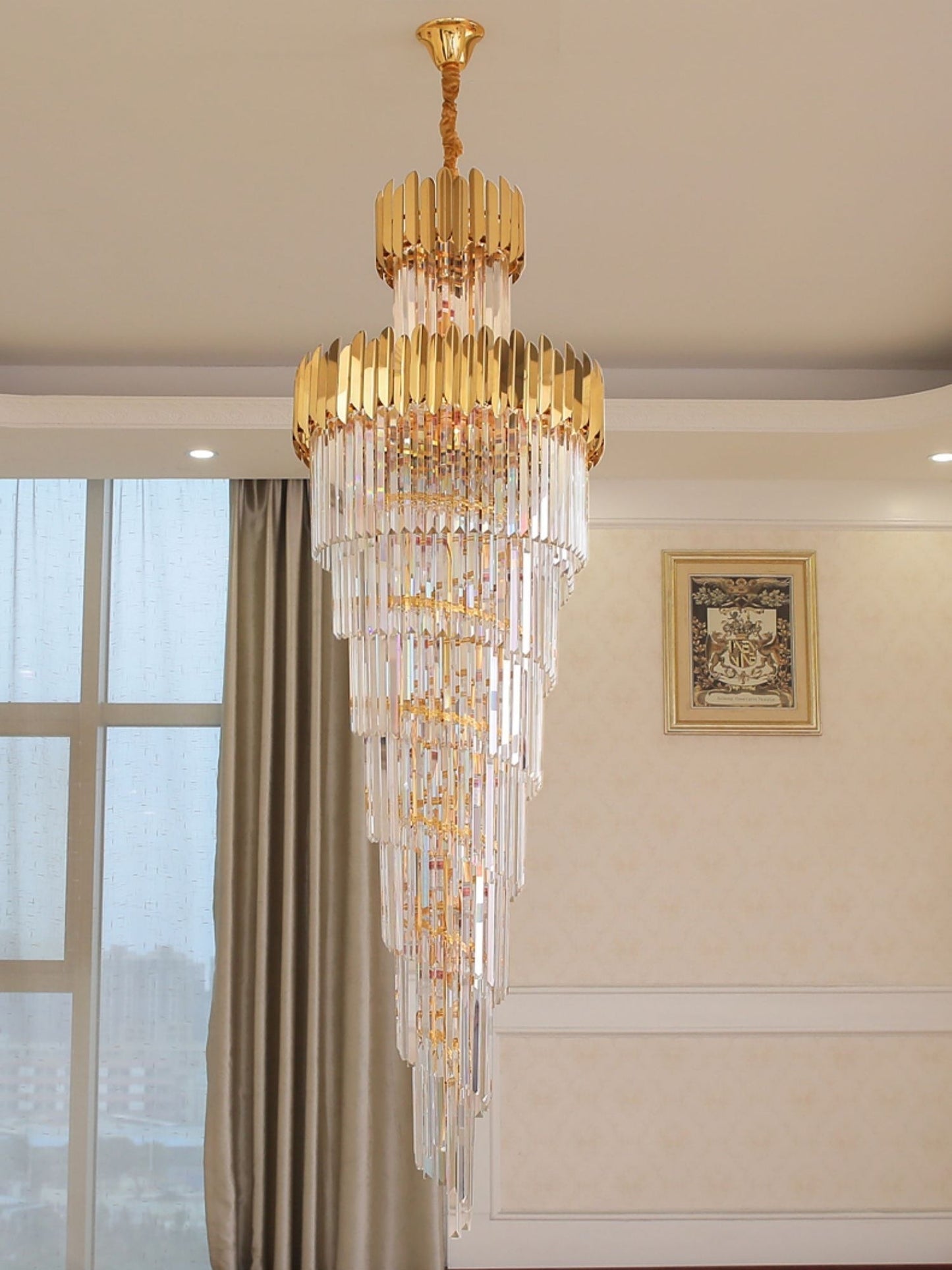 Luxury Gold Trimmed Long Crystal Chandelier Foyer Staircase Extra Large Ceiling Light Fixture - Richardrider