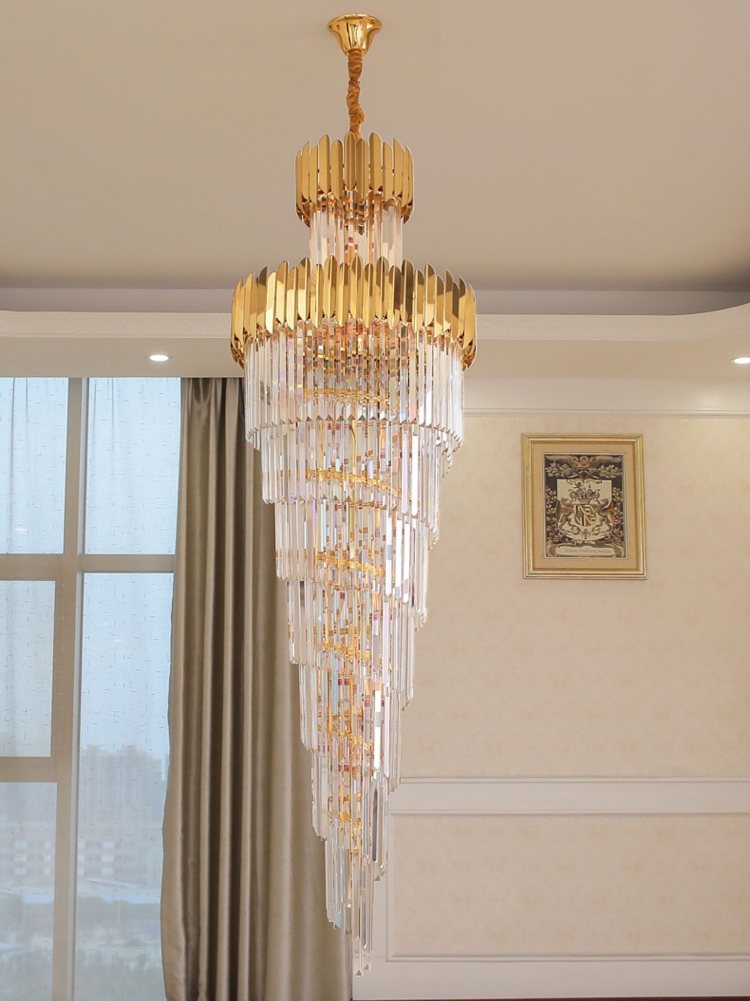 Luxury Gold Trimmed Long Crystal Chandelier Foyer Staircase Extra Large Ceiling Light Fixture - Richardrider