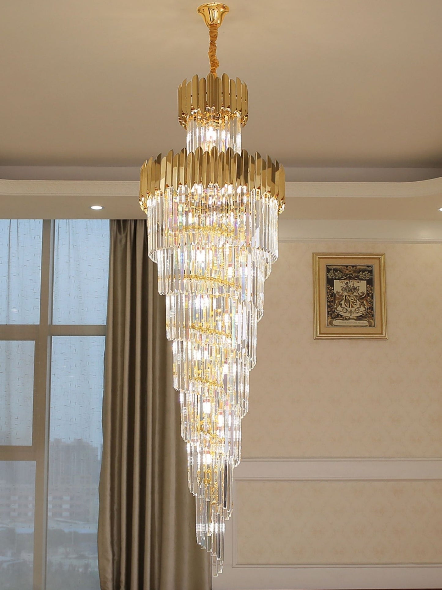 Luxury Gold Trimmed Long Crystal Chandelier Foyer Staircase Extra Large Ceiling Light Fixture - Richardrider