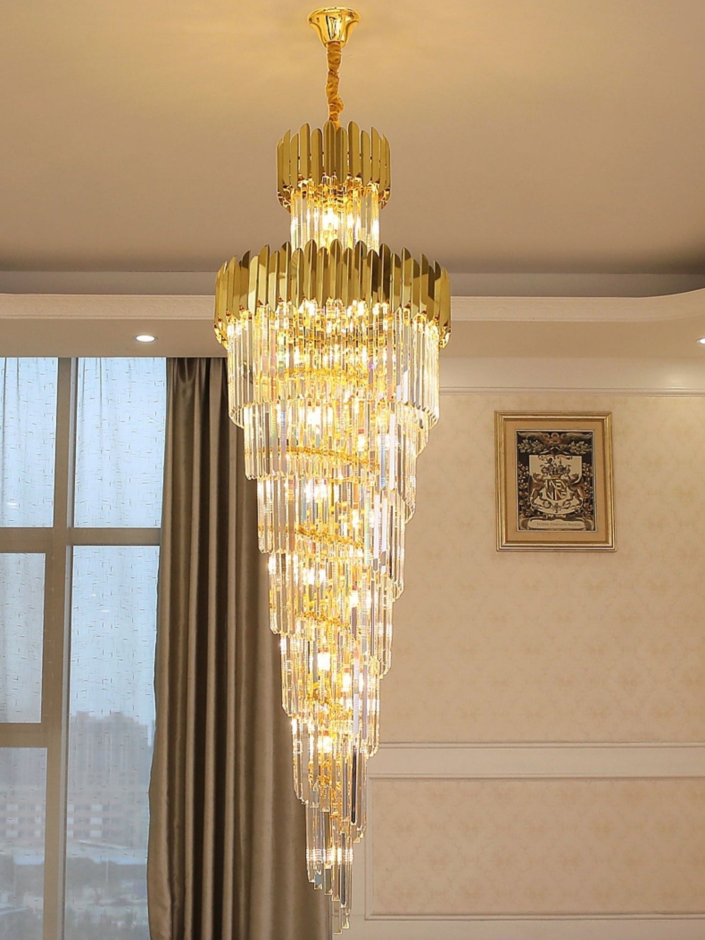 Luxury Gold Trimmed Long Crystal Chandelier Foyer Staircase Extra Large Ceiling Light Fixture - Richardrider