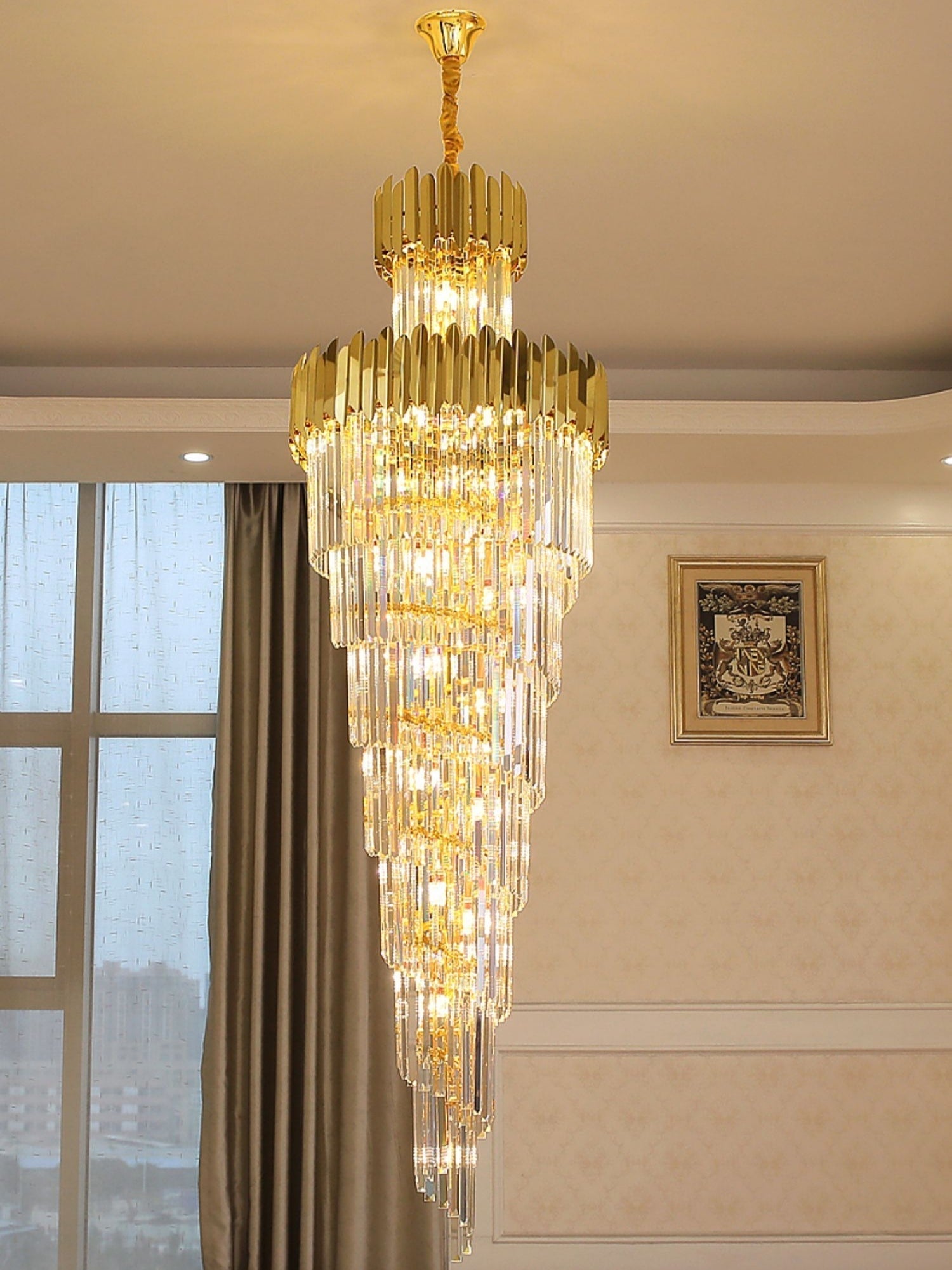 Luxury Gold Trimmed Long Crystal Chandelier Foyer Staircase Extra Large Ceiling Light Fixture - Richardrider