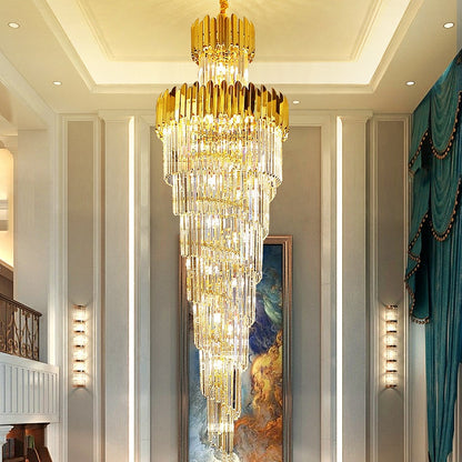 Luxury Gold Trimmed Long Crystal Chandelier Foyer Staircase Extra Large Ceiling Light Fixture - Richardrider