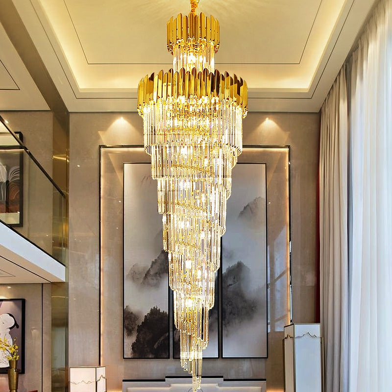 Luxury Gold Trimmed Long Crystal Chandelier Foyer Staircase Extra Large Ceiling Light Fixture - Richardrider