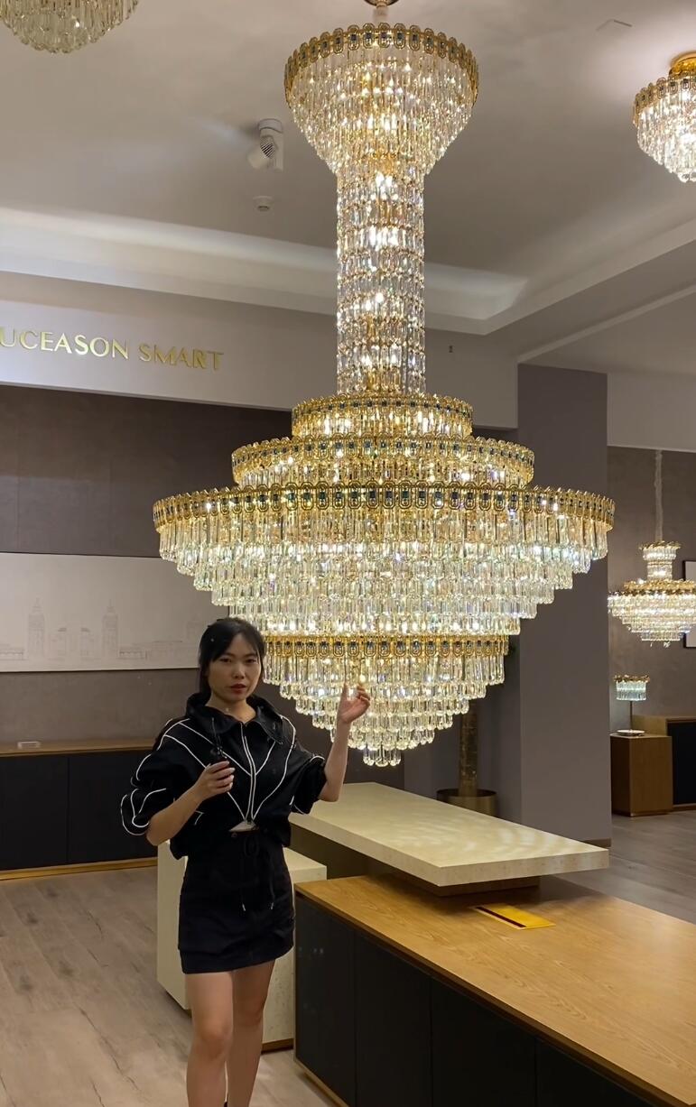 Luxury Extra Large Conical Funnel Crystal Chandelier with Sapphire for High Ceiling