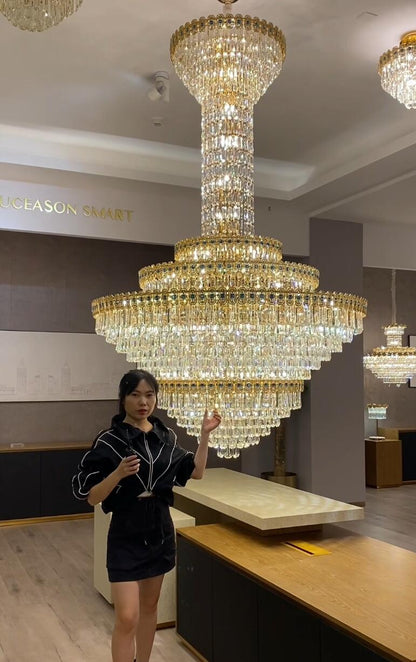 Luxury Extra Large Conical Funnel Crystal Chandelier with Sapphire for High Ceiling