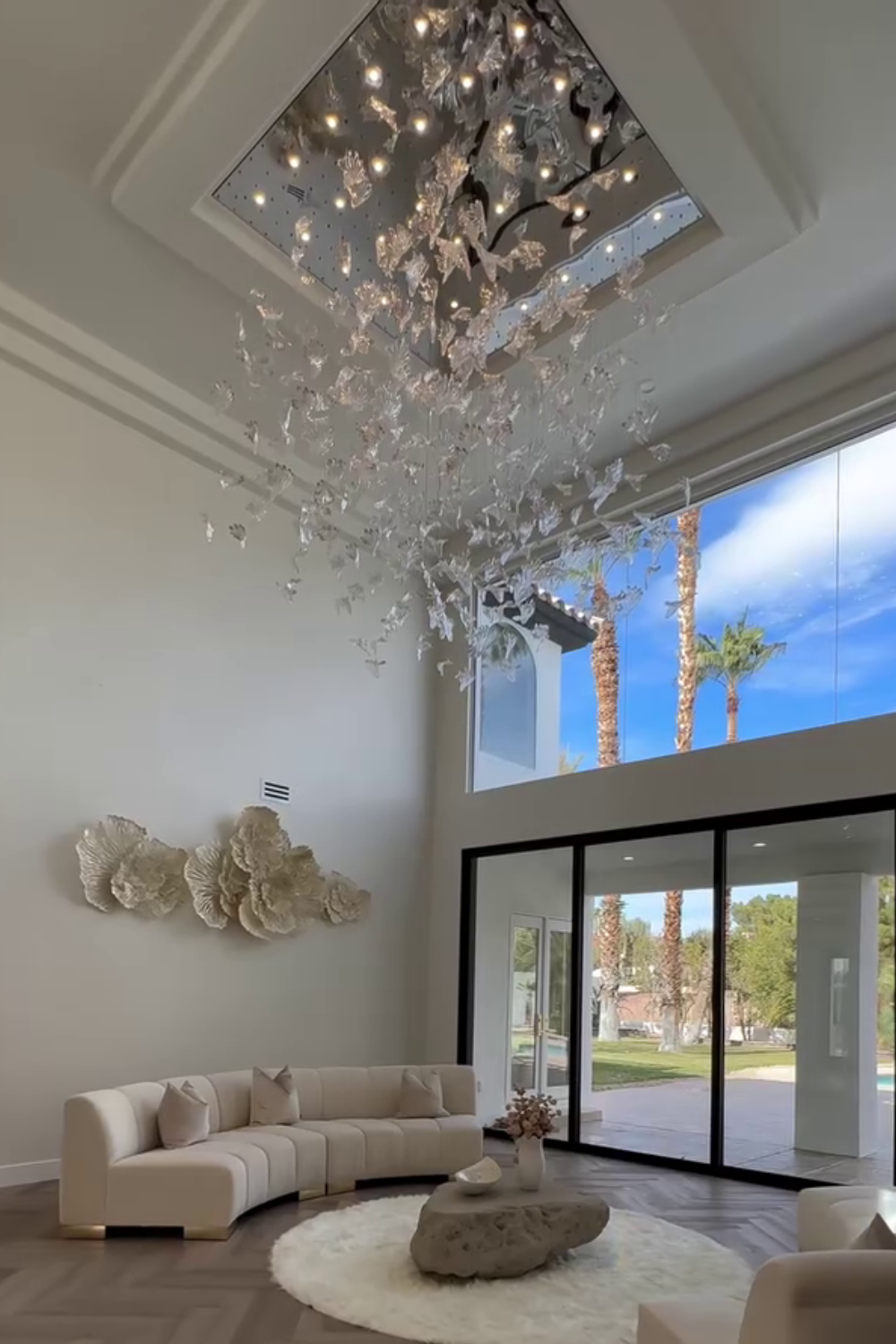 Modern Floating Maple Glass Chandelier with Square Canopy for High-ceiling