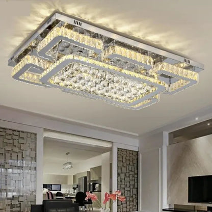 Luxury Rectangular Dimmable Crystal Flush Mount Chandelier