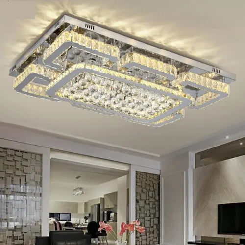 Luxury Rectangular Dimmable Crystal Flush Mount Chandelier