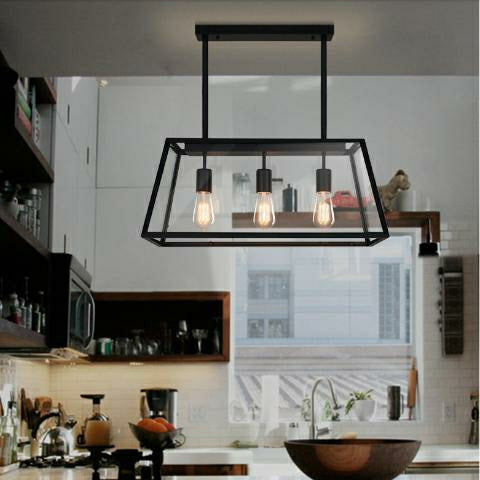 Modern Black Cage Style Glass Lamp Shade Pendant Light Farmhouse 1/ 3/ 4 Lights Chandelier For Long Dining Room Table