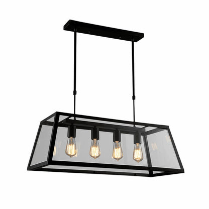 Modern Black Cage Style Glass Lamp Shade Pendant Light Farmhouse 1/ 3/ 4 Lights Chandelier For Long Dining Room Table