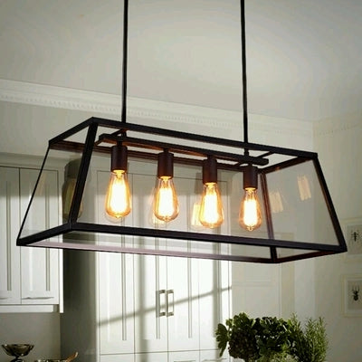 Modern Black Cage Style Glass Lamp Shade Pendant Light Farmhouse 1/ 3/ 4 Lights Chandelier For Long Dining Room Table