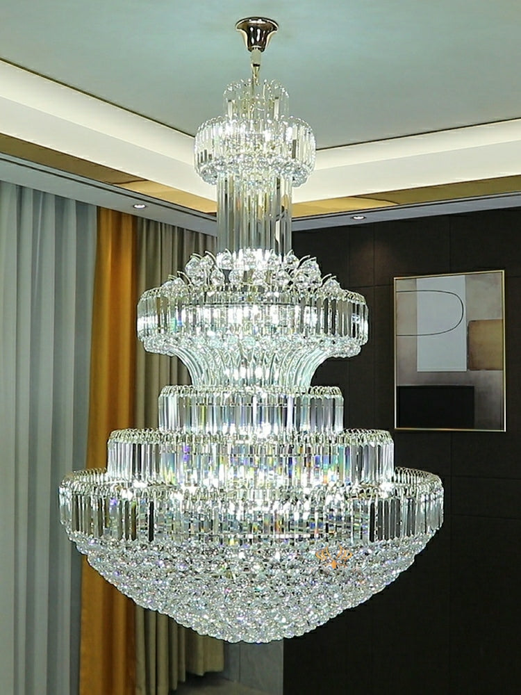 Golden Era Grand Cascade Clear Crystal Chandelier for High-ceiling