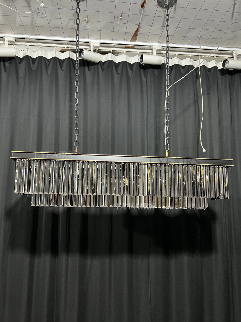 Fashion Kitchen Island Crystal Chandelier In Black/ Smoky Gray Finish Two Tiers Rectangle Chain Pendant Light/ Lamp For Long Dining Table