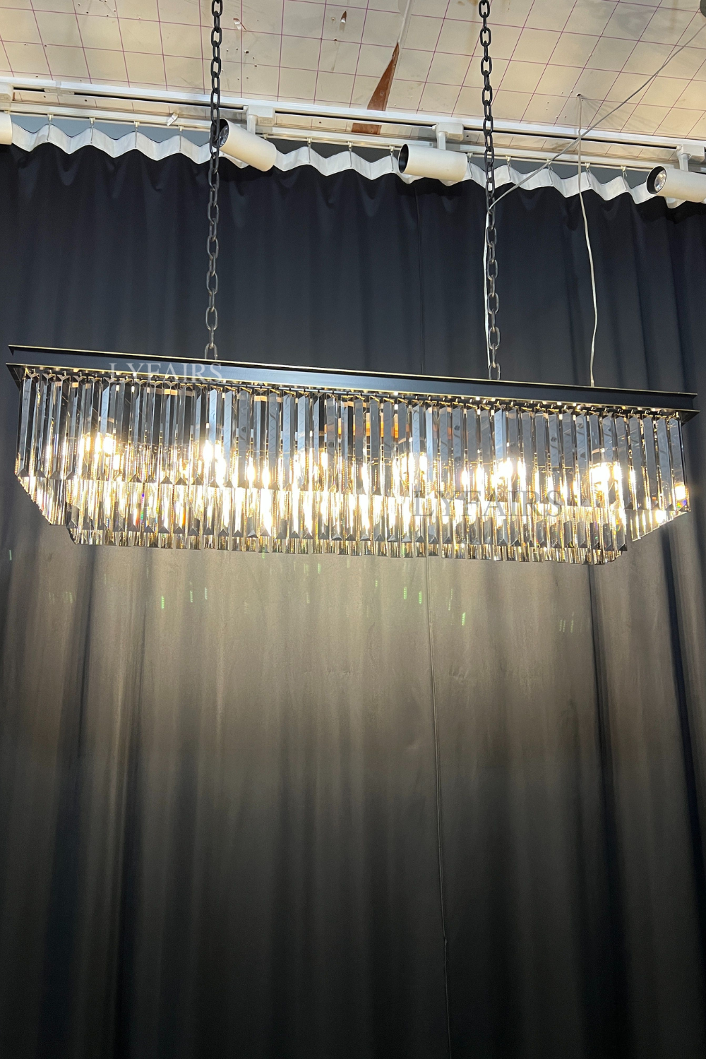Fashion Kitchen Island Crystal Chandelier In Black/ Smoky Gray Finish Two Tiers Rectangle Chain Pendant Light/ Lamp For Long Dining Table