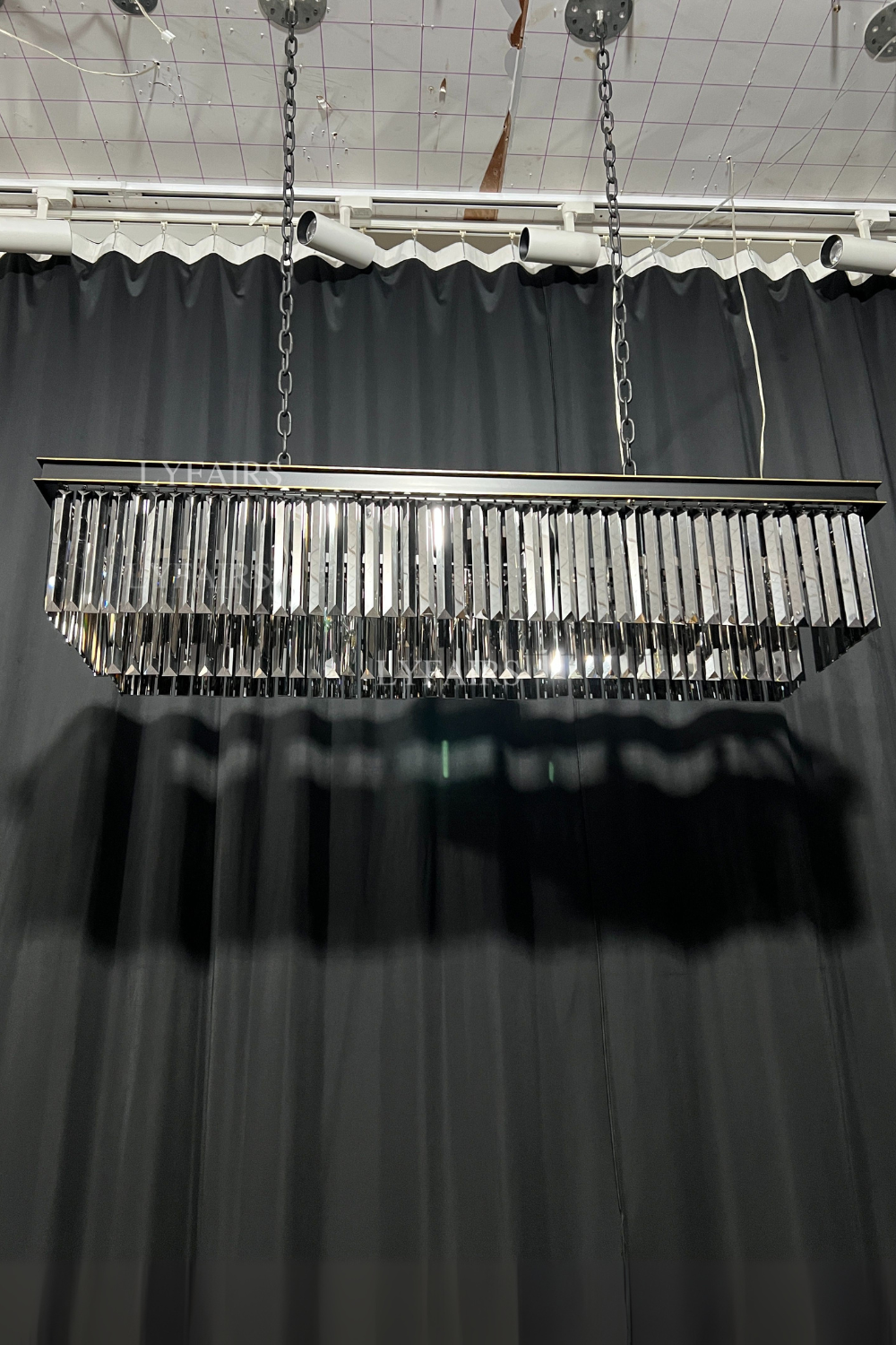 Fashion Kitchen Island Crystal Chandelier In Black/ Smoky Gray Finish Two Tiers Rectangle Chain Pendant Light/ Lamp For Long Dining Table