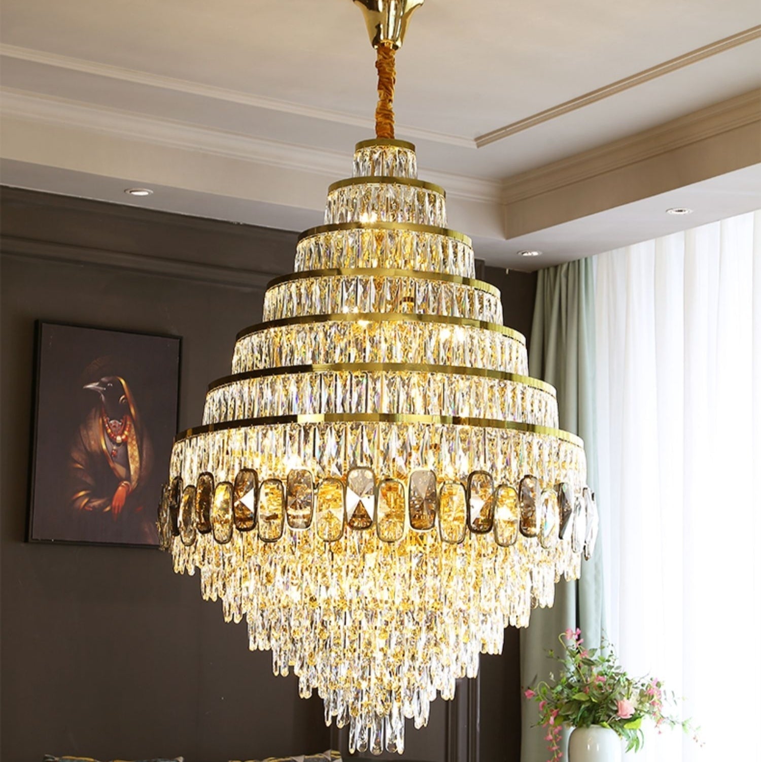 Honeycomb Shaped Ceiling Chandelier Extra Large Crystal Light Fixture For Foyer Staircase/ Entryway In Gold Finish - Richardrider