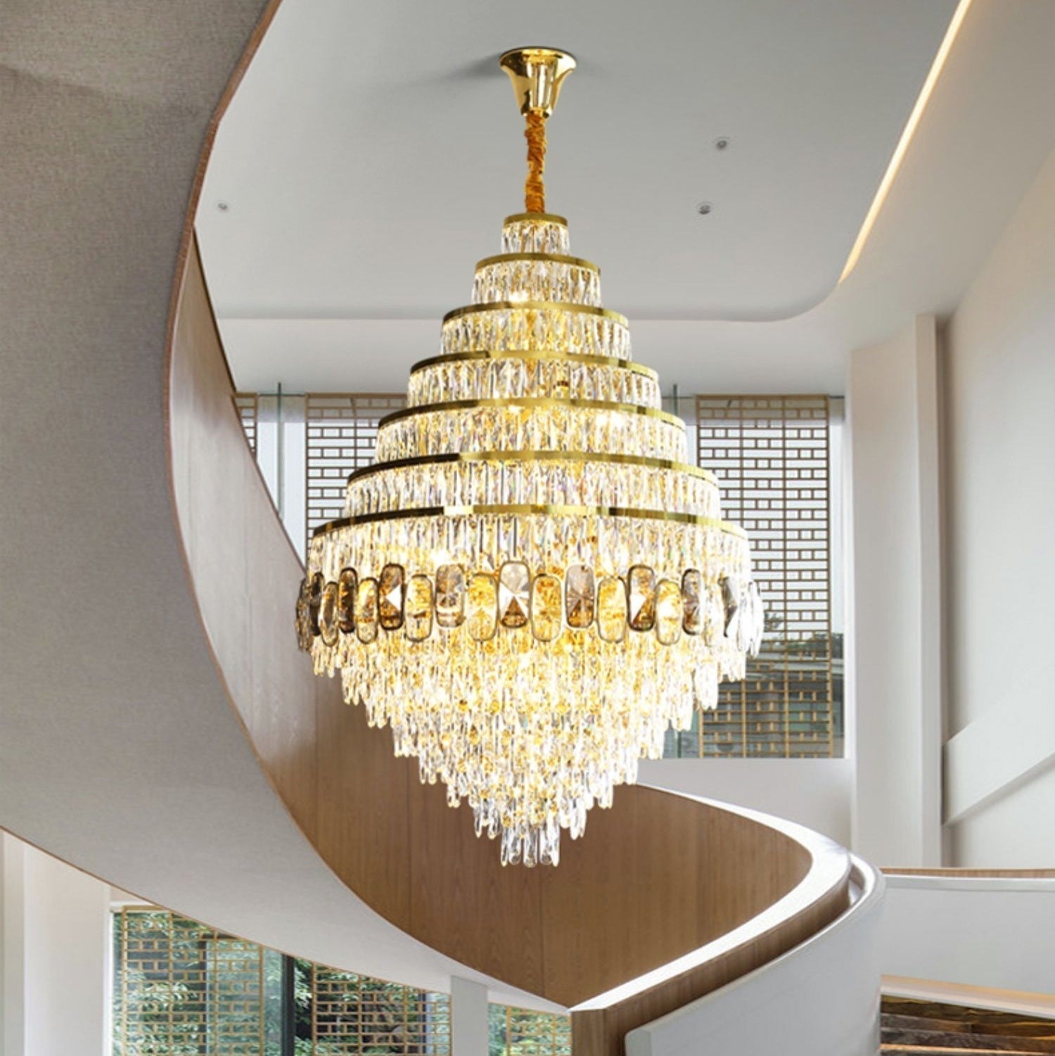Honeycomb Shaped Ceiling Chandelier Extra Large Crystal Light Fixture For Foyer Staircase/ Entryway In Gold Finish - Richardrider