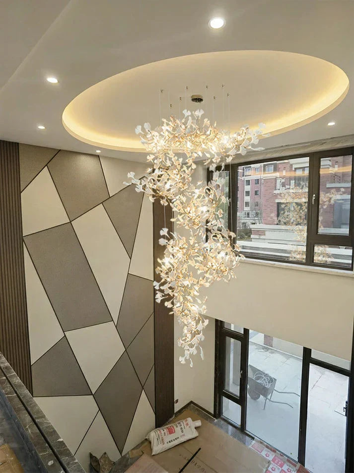 Artistic Tree Branch Pendant Light with Ceramic Ginkgo Leaves - Richardrider