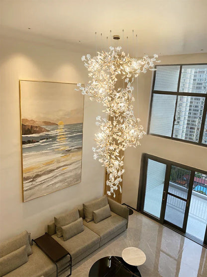 Artistic Tree Branch Pendant Light with Ceramic Ginkgo Leaves - Richardrider