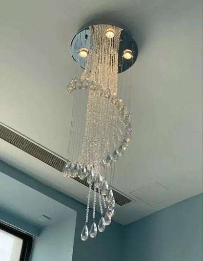 Flush Mounted Spiral Crystal Drops Chandelier Round LED Ceiling Lighting Fixture For Foyer Staircase/ Hotel Entrance - Richardrider