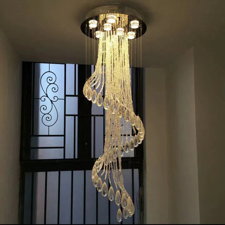 Flush Mounted Spiral Crystal Drops Chandelier Round LED Ceiling Lighting Fixture For Foyer Staircase/ Hotel Entrance - Richardrider