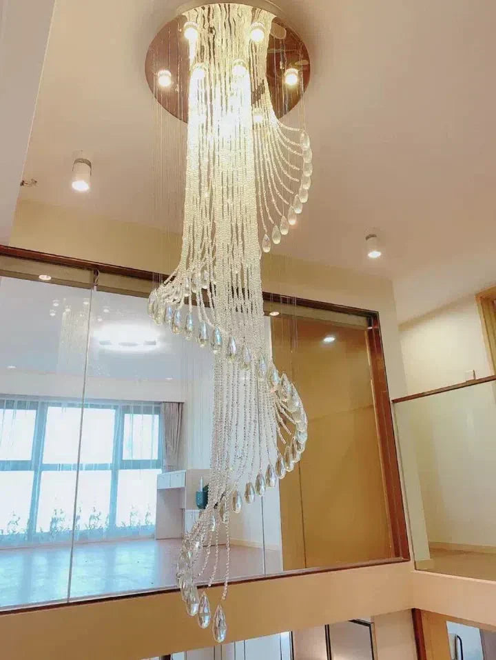Flush Mounted Spiral Crystal Drops Chandelier Round LED Ceiling Lighting Fixture For Foyer Staircase/ Hotel Entrance - Richardrider