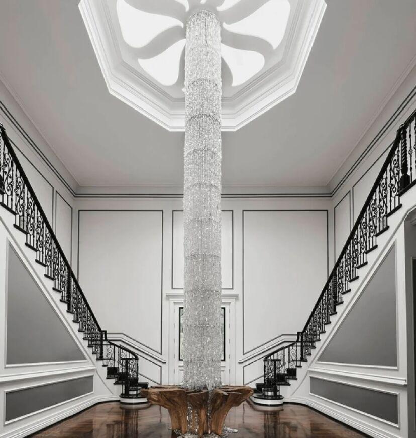 Oversized Silver Crystal Long Ceiling Chandelier Art Designer Column Waterfall Decorative Staircase Light Fixture - Richardrider