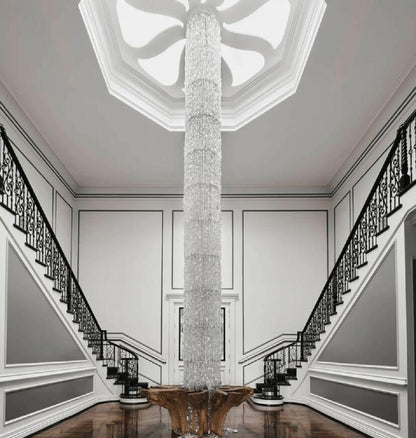 Oversized Silver Crystal Long Ceiling Chandelier Art Designer Column Waterfall Decorative Staircase Light Fixture - Richardrider