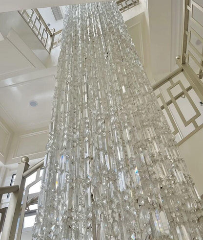 Oversized Silver Crystal Long Ceiling Chandelier Art Designer Column Waterfall Decorative Staircase Light Fixture - Richardrider