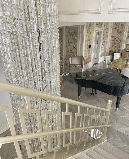 Oversized Silver Crystal Long Ceiling Chandelier Art Designer Column Waterfall Decorative Staircase Light Fixture - Richardrider