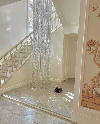 Oversized Silver Crystal Long Ceiling Chandelier Art Designer Column Waterfall Decorative Staircase Light Fixture - Richardrider
