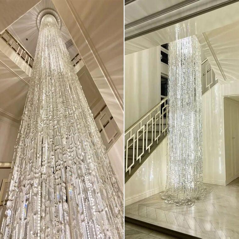 Oversized Silver Crystal Long Ceiling Chandelier Art Designer Column Waterfall Decorative Staircase Light Fixture - Richardrider