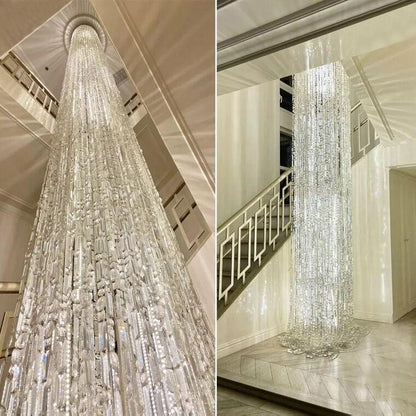 Oversized Silver Crystal Long Ceiling Chandelier Art Designer Column Waterfall Decorative Staircase Light Fixture - Richardrider