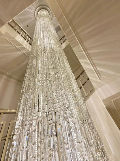 Oversized Silver Crystal Long Ceiling Chandelier Art Designer Column Waterfall Decorative Staircase Light Fixture - Richardrider