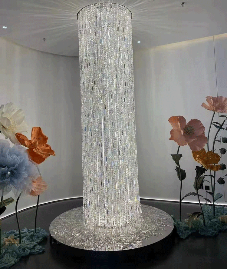 Oversized Silver Crystal Long Ceiling Chandelier Art Designer Column Waterfall Decorative Staircase Light Fixture - Richardrider
