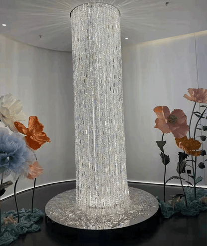 Oversized Silver Crystal Long Ceiling Chandelier Art Designer Column Waterfall Decorative Staircase Light Fixture - Richardrider