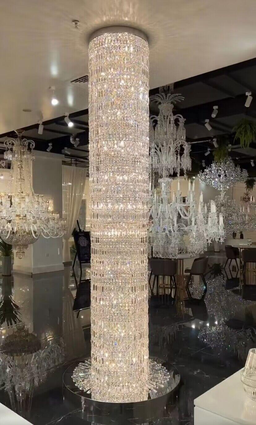 Oversized Silver Crystal Long Ceiling Chandelier Art Designer Column Waterfall Decorative Staircase Light Fixture - Richardrider