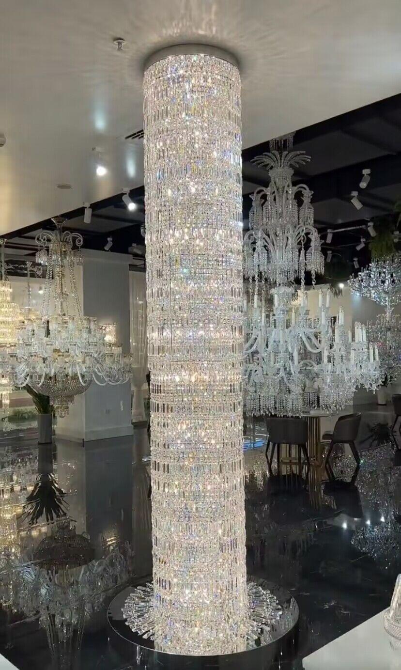 Oversized Silver Crystal Long Ceiling Chandelier Art Designer Column Waterfall Decorative Staircase Light Fixture - Richardrider