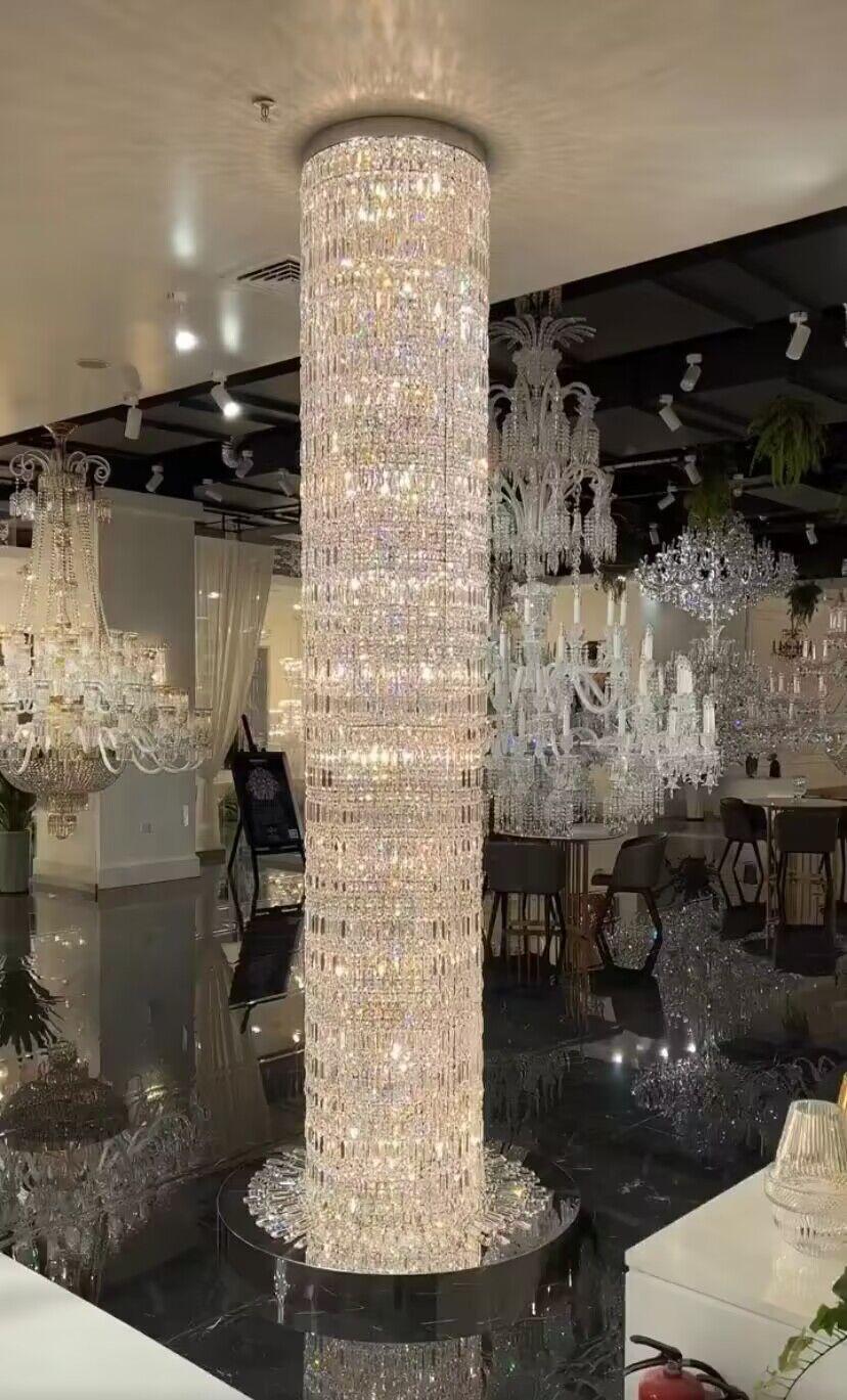 Oversized Silver Crystal Long Ceiling Chandelier Art Designer Column Waterfall Decorative Staircase Light Fixture - Richardrider