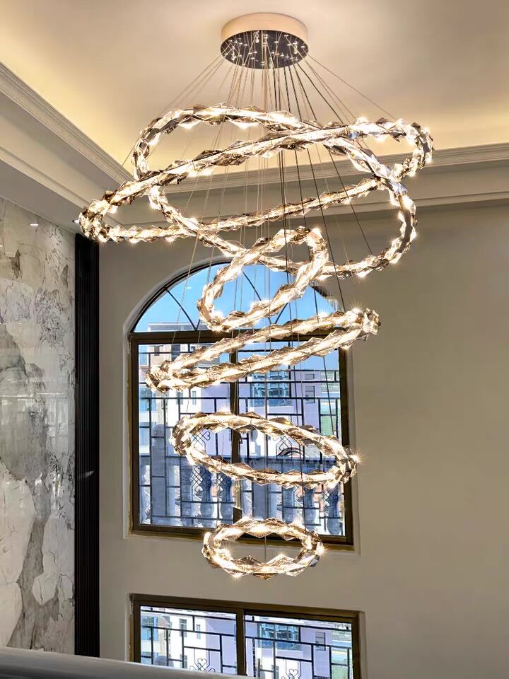 Oversized Multi-Tiered Rings Crystal Chandelier Modern Clear and Grey Crystal Ceiling Light Fixture For Staircase/Foyer/Hallway/Entryway - Richardrider