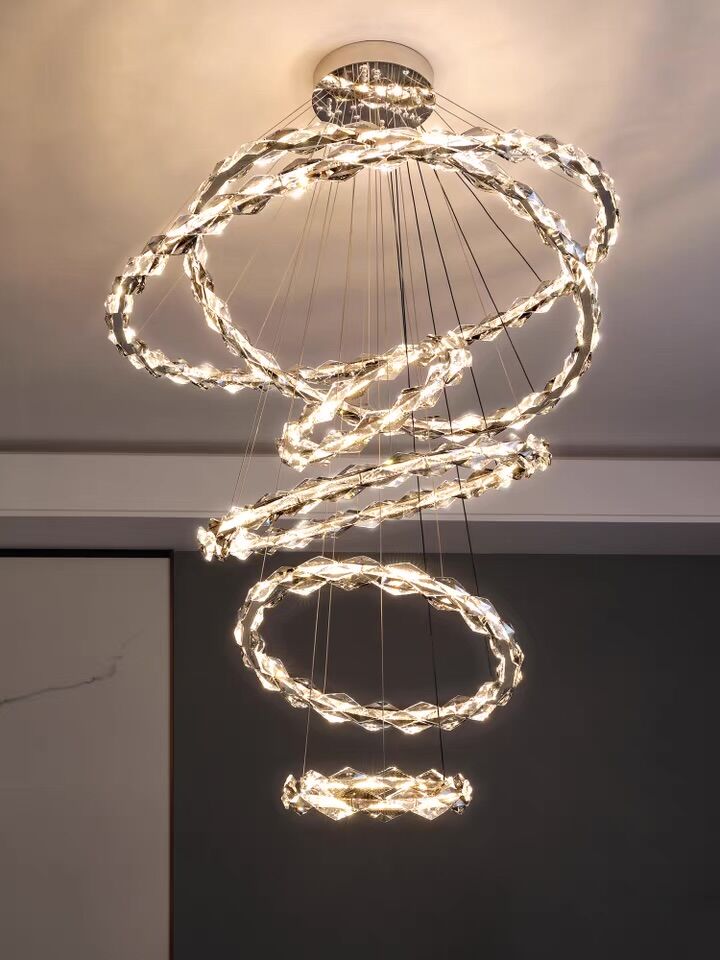 Oversized Multi-Tiered Rings Crystal Chandelier Modern Clear and Grey Crystal Ceiling Light Fixture For Staircase/Foyer/Hallway/Entryway - Richardrider