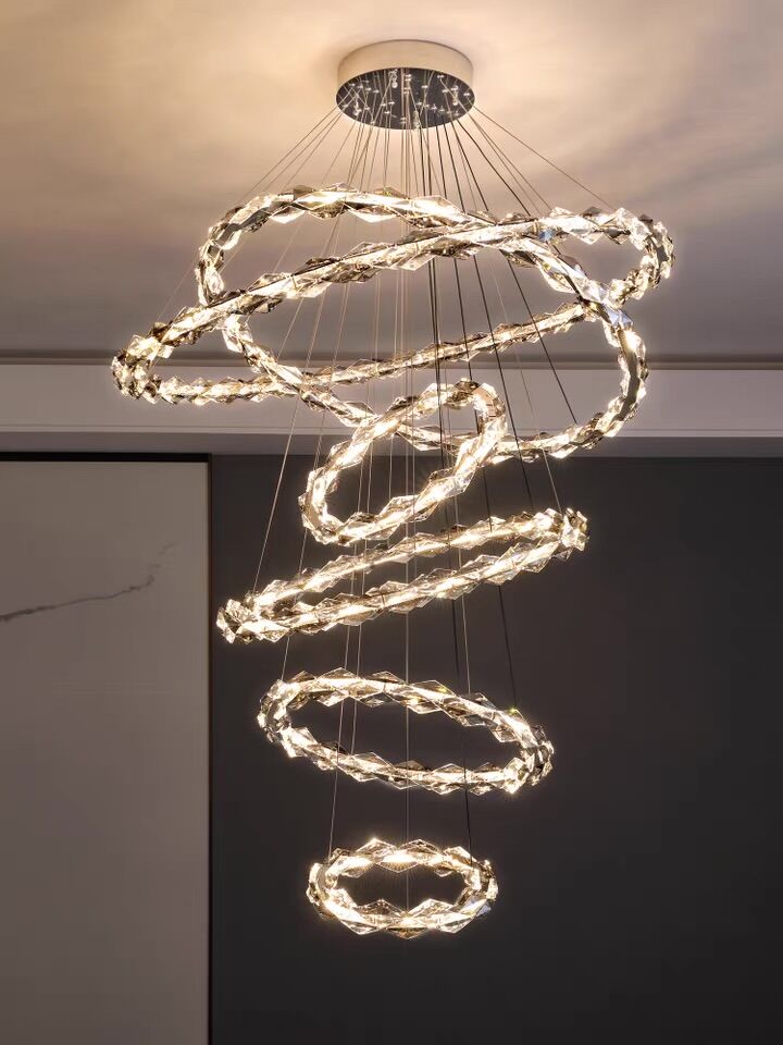 Oversized Multi-Tiered Rings Crystal Chandelier Modern Clear and Grey Crystal Ceiling Light Fixture For Staircase/Foyer/Hallway/Entryway - Richardrider