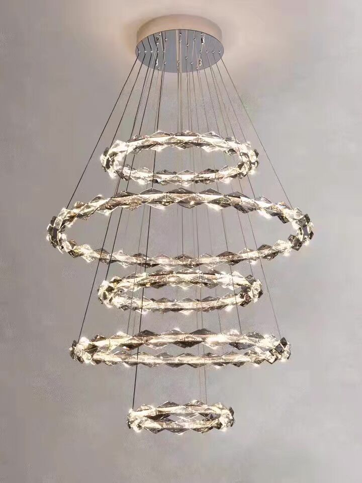 Oversized Multi-Tiered Rings Crystal Chandelier Modern Clear and Grey Crystal Ceiling Light Fixture For Staircase/Foyer/Hallway/Entryway - Richardrider